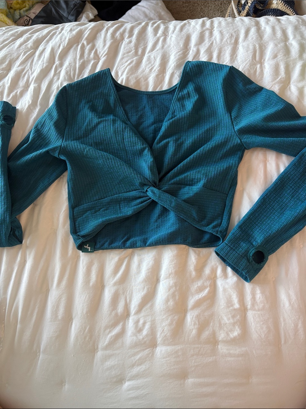Teal Knot-Front Long Sleeve Crop Top and flare pants athletic set